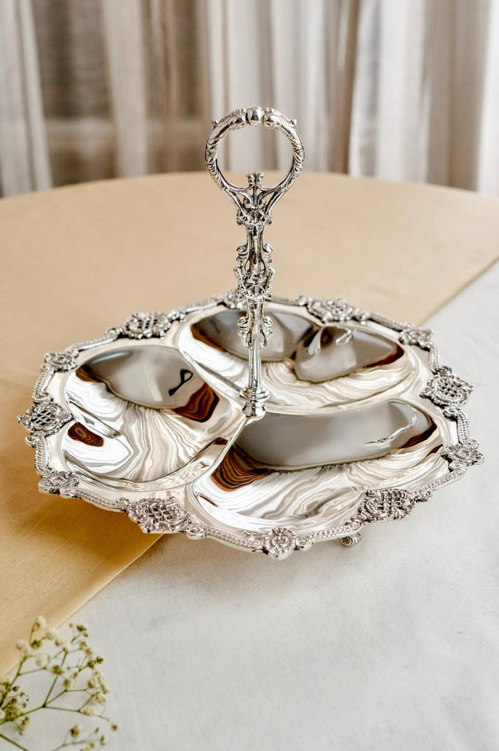 Silver Plated Aalam Brass Serving Platter With Handle
