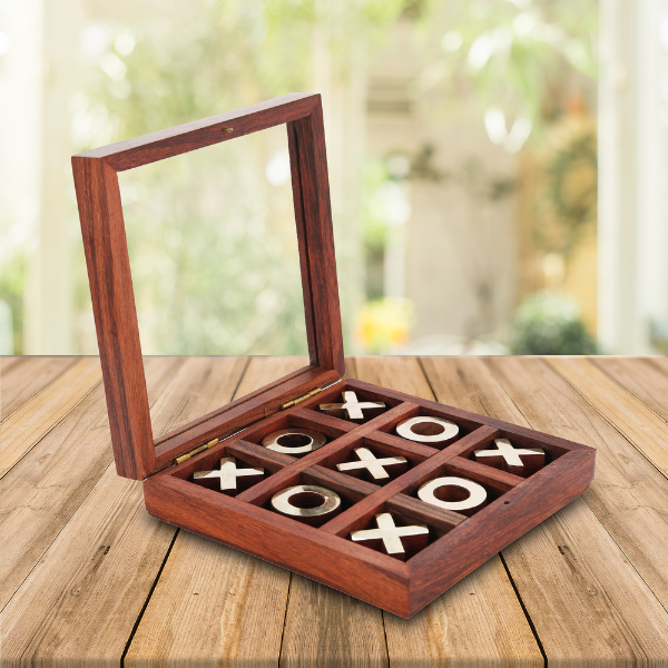 wooden tic tac toe with brass finishing