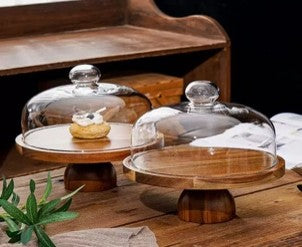 WOODEN CAKE STAND WITH GLASS DOME
