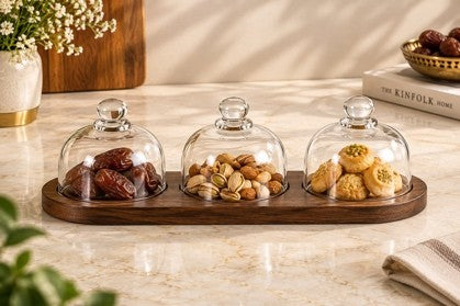 WOODEN SERVING PLATTER WITH 3 CLEAR GLASS DOMES