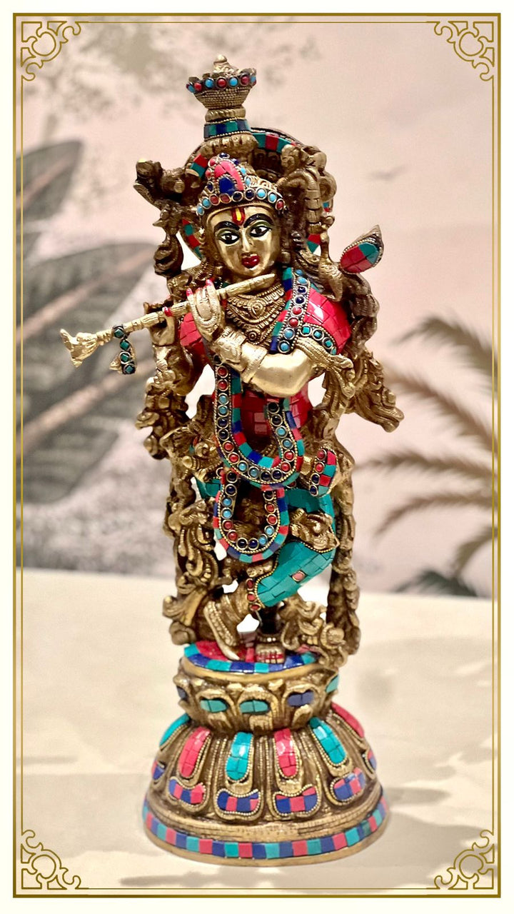 Brass Stone Krishna Statue