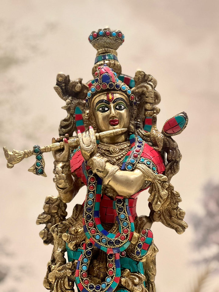 Brass Stone Krishna Statue