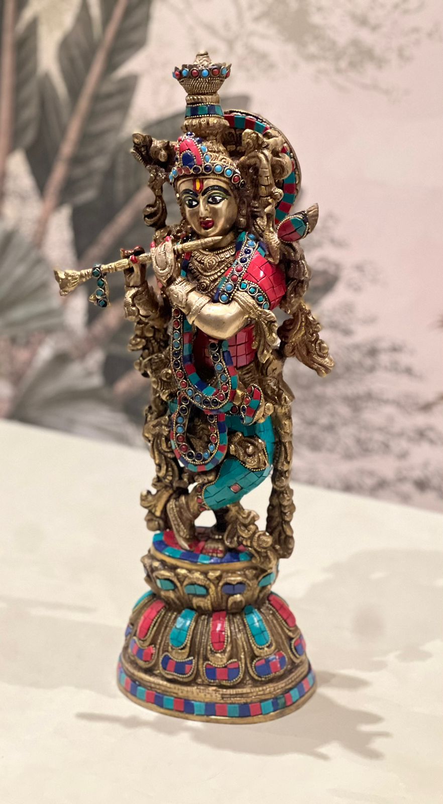 Brass Stone Krishna Statue