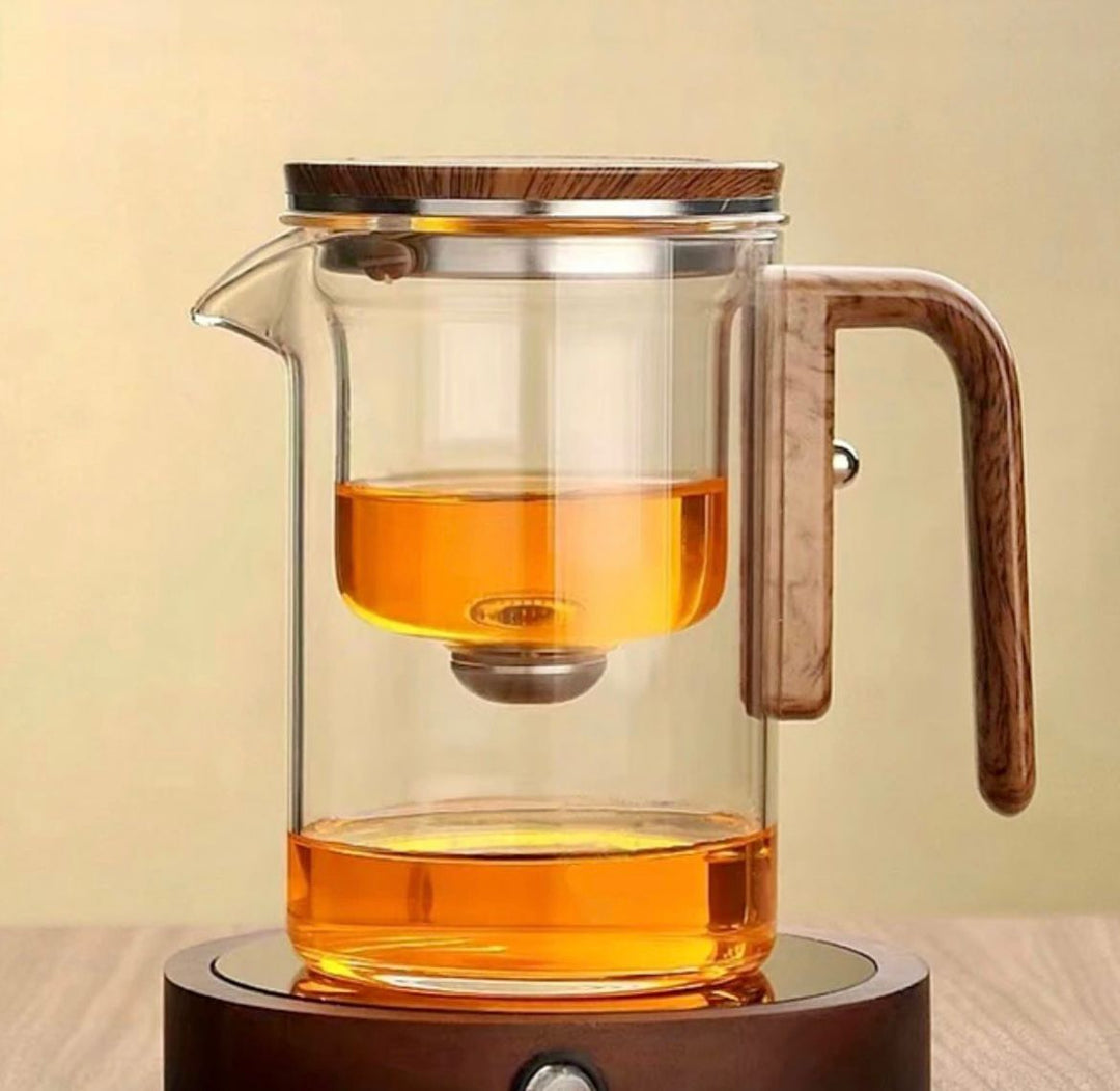 Glass Tea Pot with Wood Handle Heated Resistant One-Button Filtering Transparent Scented Tea Pot Tea - QUESERA OFFICIAL