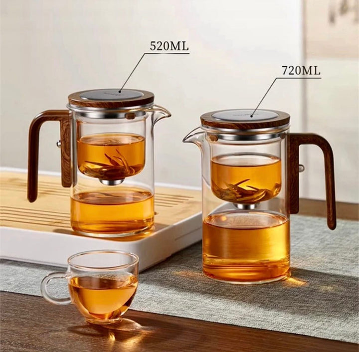 Glass Tea Pot with Wood Handle Heated Resistant One-Button Filtering Transparent Scented Tea Pot Tea - QUESERA OFFICIAL