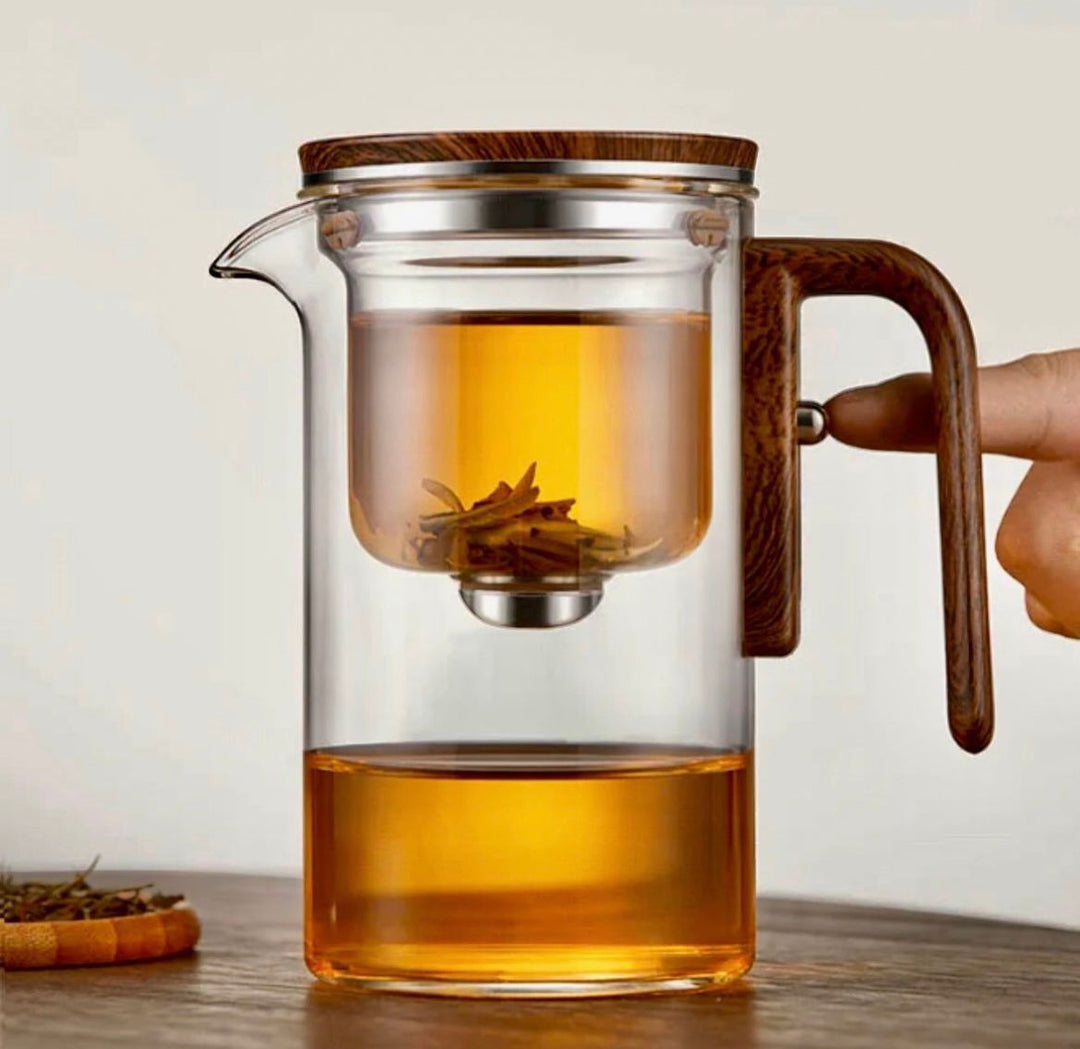 Glass Tea Pot with Wood Handle Heated Resistant One-Button Filtering Transparent Scented Tea Pot Tea - QUESERA OFFICIAL