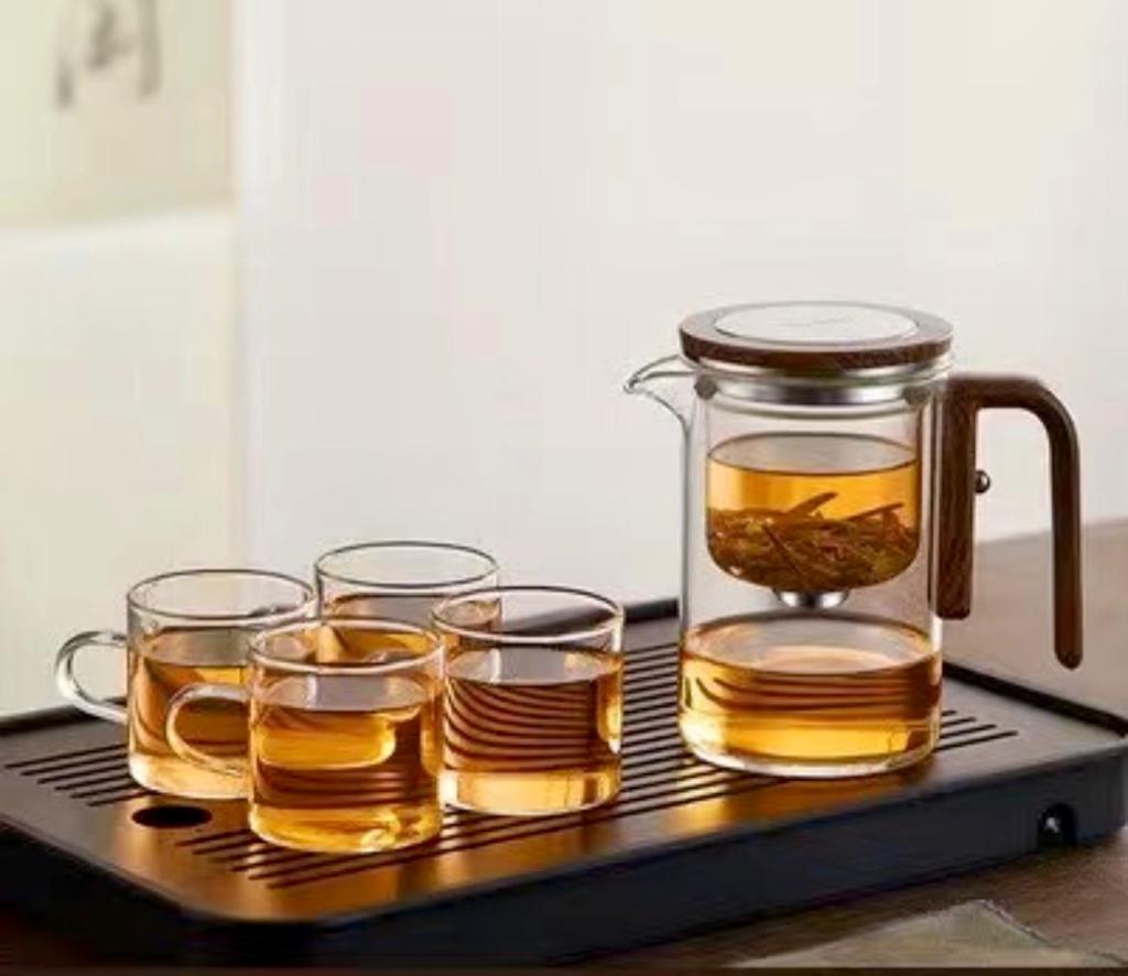 Glass Tea Pot with Wood Handle Heated Resistant One-Button Filtering Transparent Scented Tea Pot Tea - QUESERA OFFICIAL