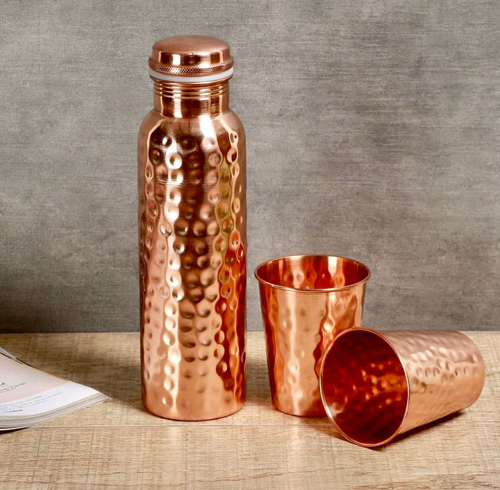 Pure Hammered Copper Bottle set with 2 Glasses