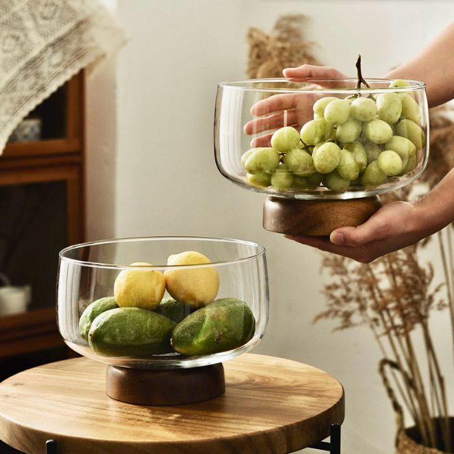 European Glass  and walnut wooden Fruit Bowl