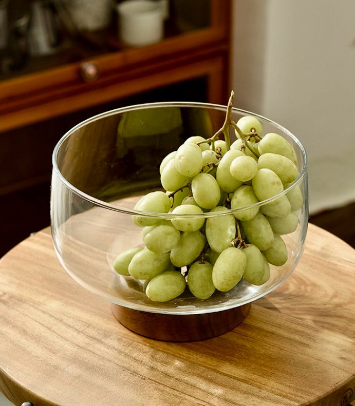 European Glass  and walnut wooden Fruit Bowl