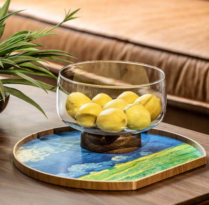 European Glass  and walnut wooden Fruit Bowl