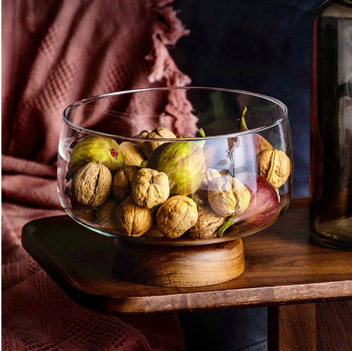 European Glass  and walnut wooden Fruit Bowl