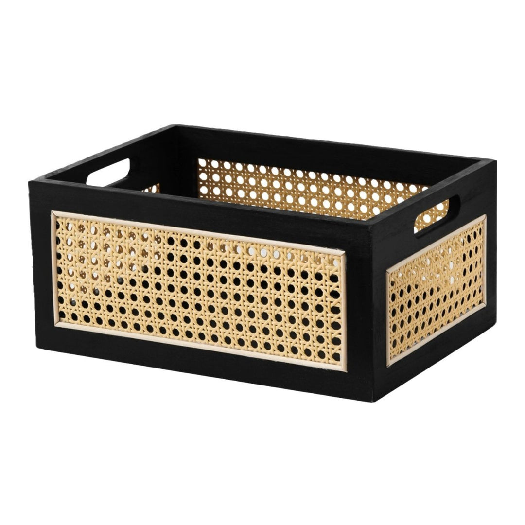 VINATGE SOLID WOOD RATTAN STORAGE BASKET - SET OF 2