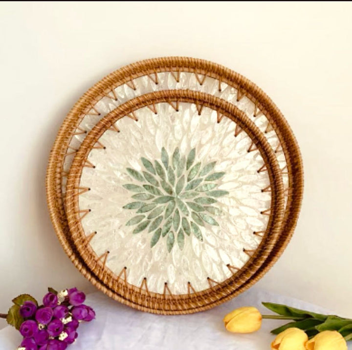 Handwoven Rattan Round Serving Tray-2 PC SET