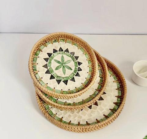 Woven Round Rattan Tray With Mother Of Pearl Inlay