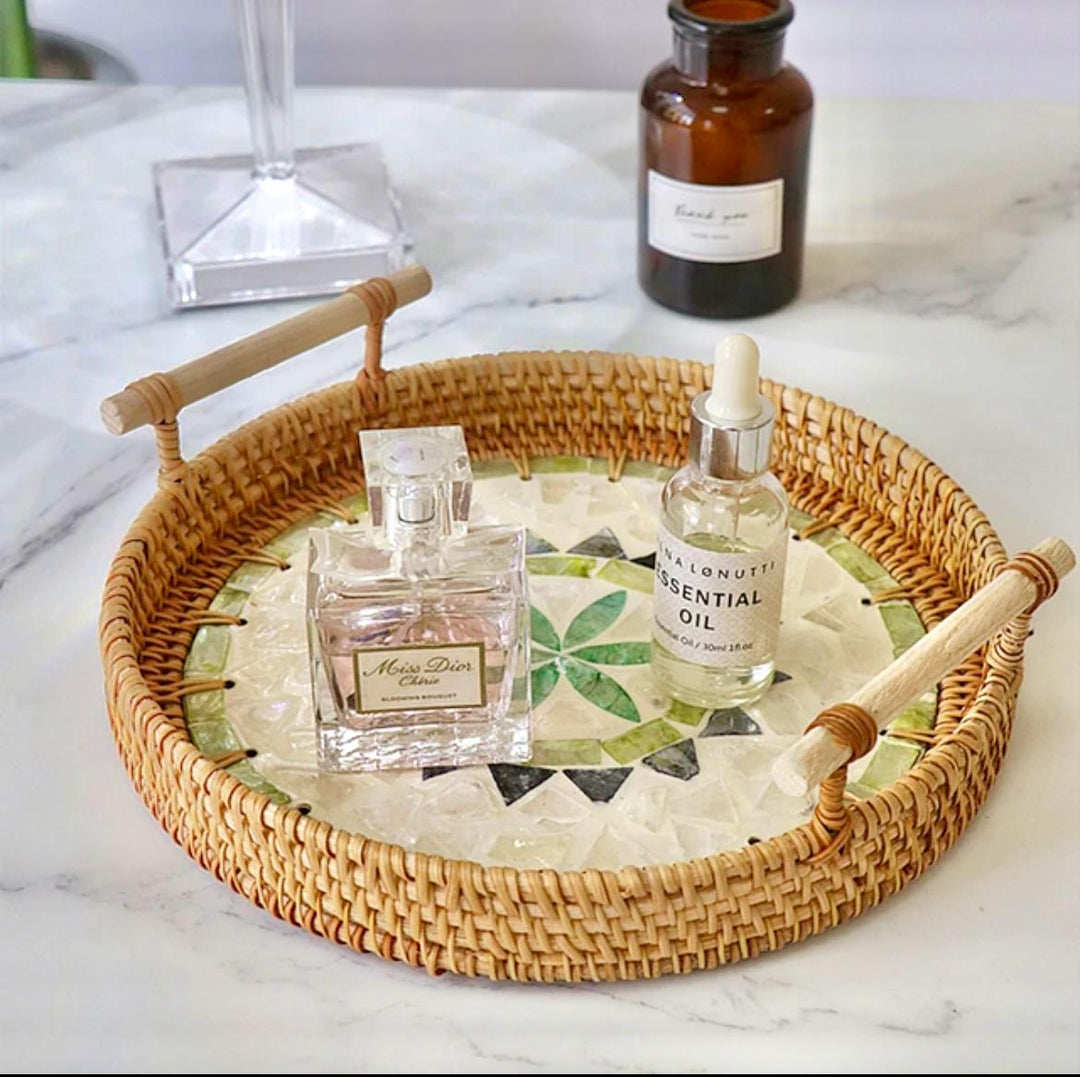 Woven Round Rattan Tray With Mother Of Pearl Inlay with Handles