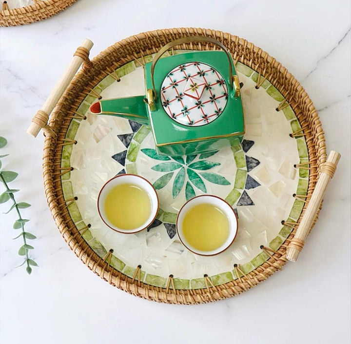 Woven Round Rattan Tray With Mother Of Pearl Inlay with Handles