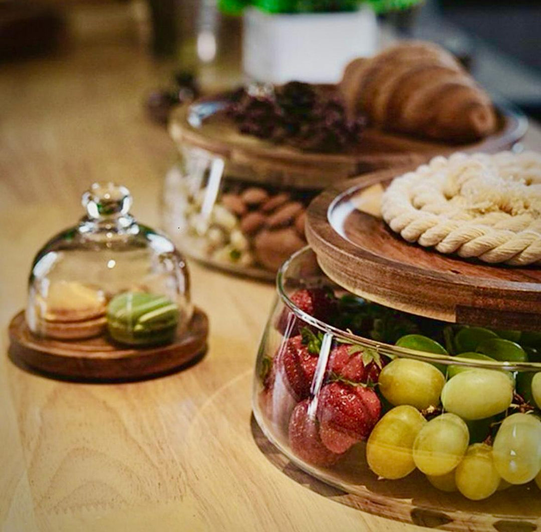 Glass Double decker bowl with wooden lid +Mini dessert Dish