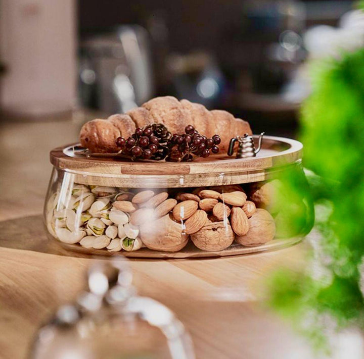 Glass Double decker bowl with wooden lid +Mini dessert Dish