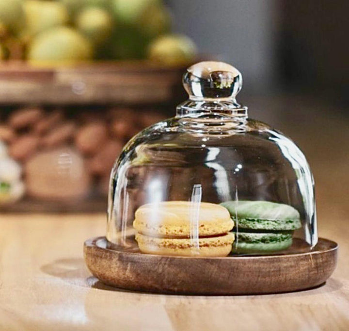 Glass Double decker bowl with wooden lid +Mini dessert Dish