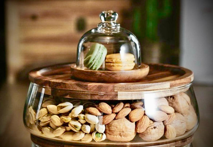 Glass Double decker bowl with wooden lid +Mini dessert Dish