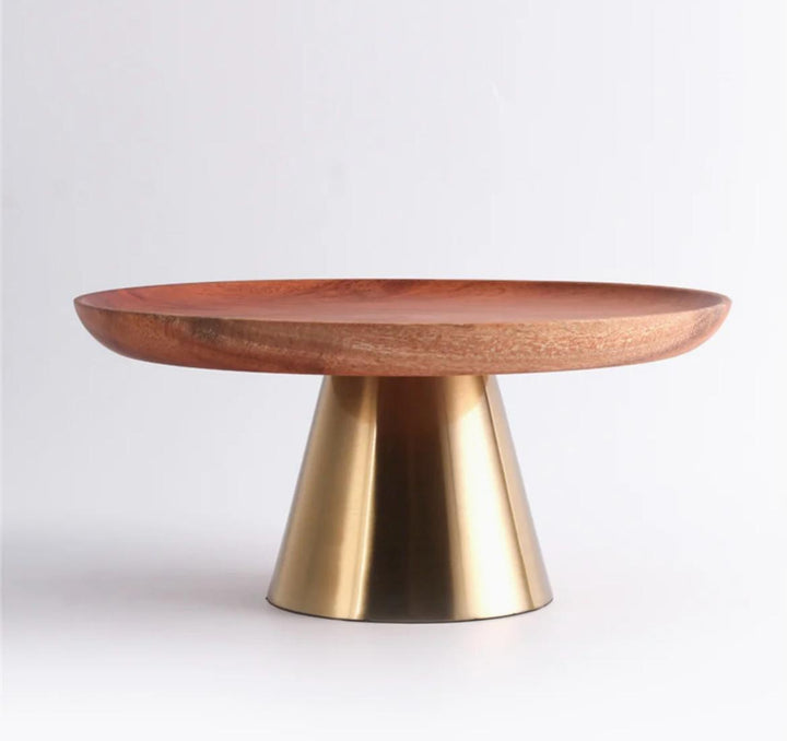 Modern wooden  cake stand with the golden Stainless steel base