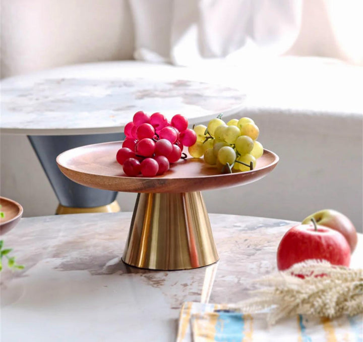 Modern wooden  cake stand with the golden Stainless steel base