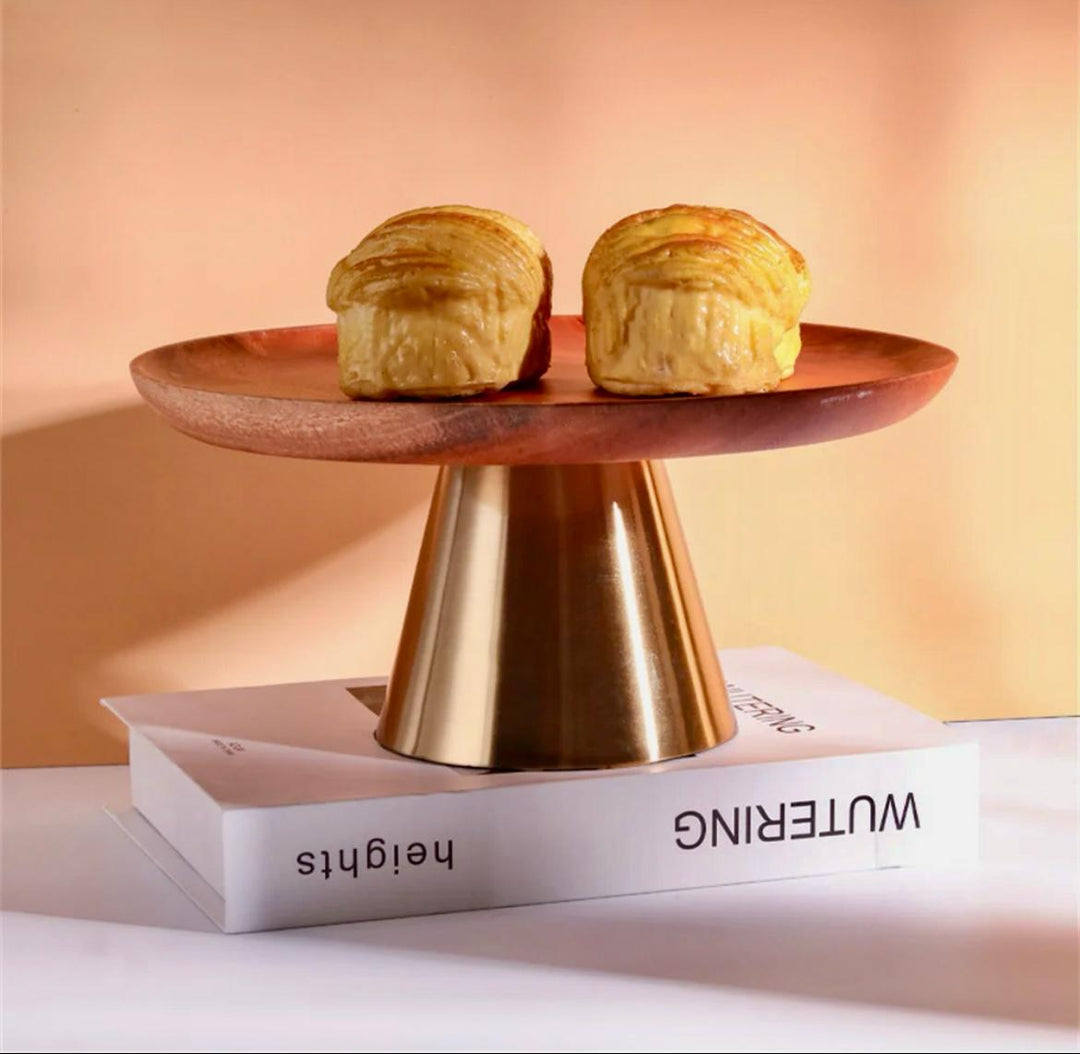 Modern wooden  cake stand with the golden Stainless steel base