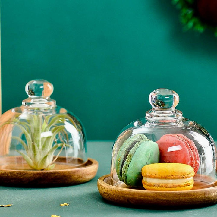 Acacia wood platter with Glass Dome, Glass Dome with Wooden Base