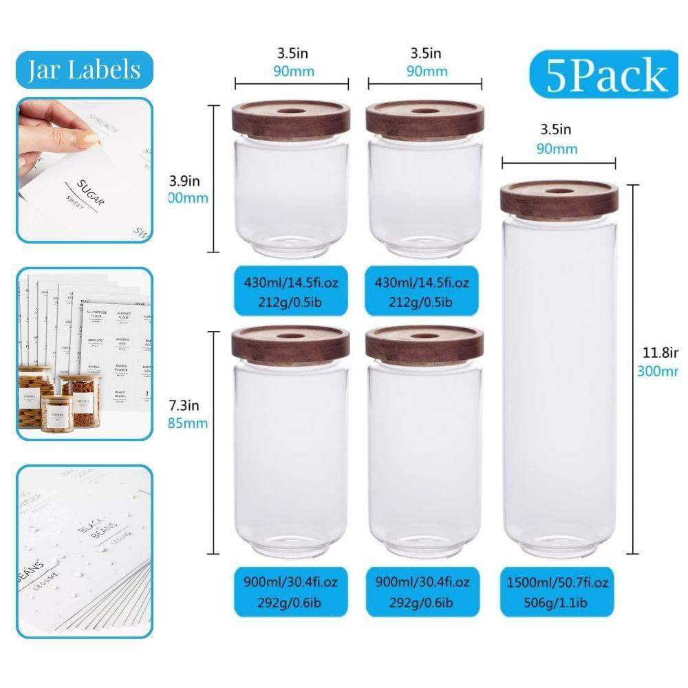 Quesera  Glass Storage Container jars set of 5 with Airtight Acacia Lid for Coffee Beans, Flour, Sugar, Rice and Spaghetti and etc WITH PREPRINTED PANTRY LABELS