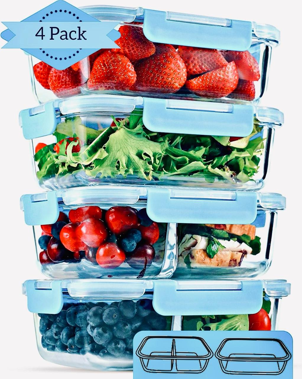 Glass Bento Box with 2 and 3 compartments- pack of 4