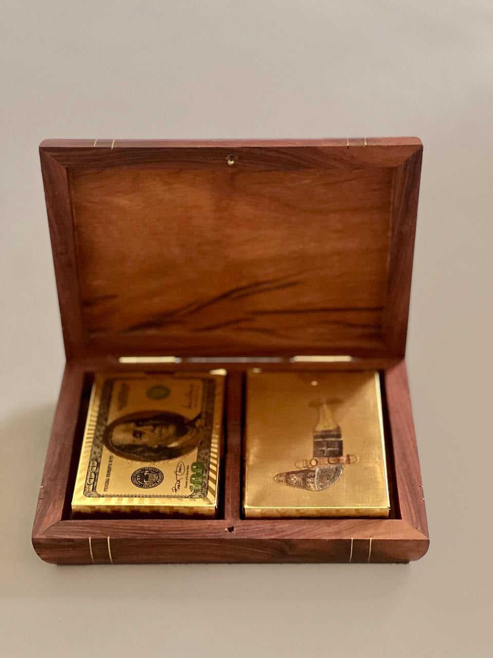 handmade solid wood brown playing card box with 2 golden card deck