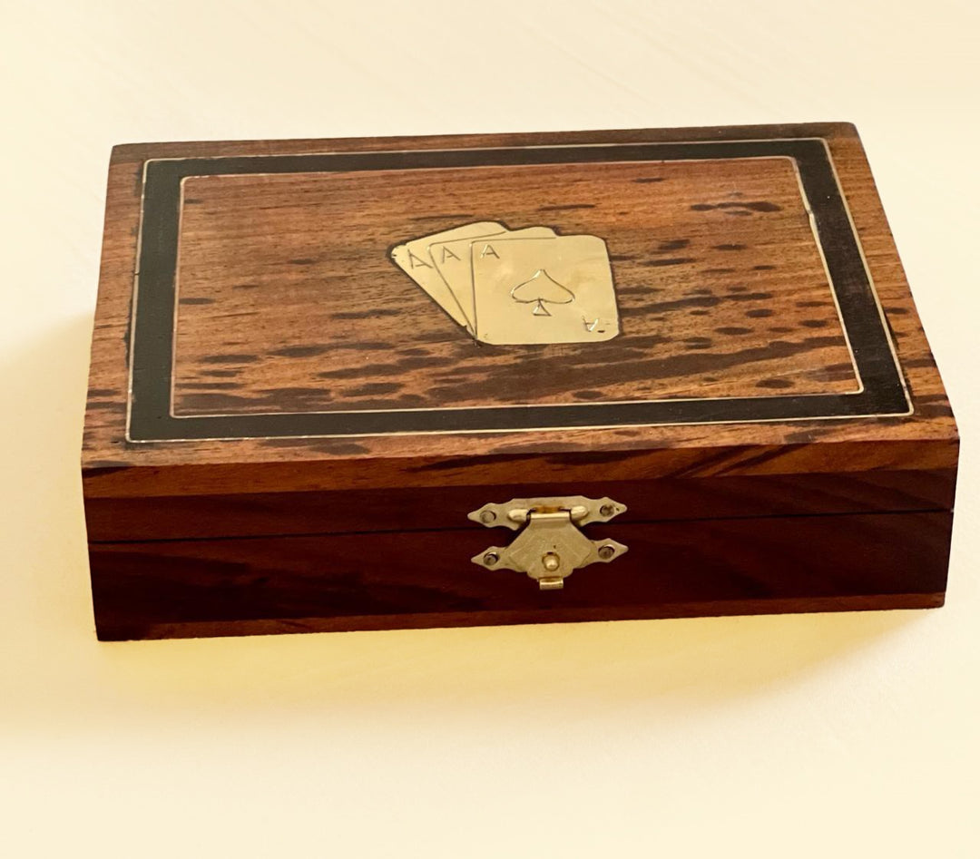 handmade solid wood brown playing card box with 2 golden card deck with lock