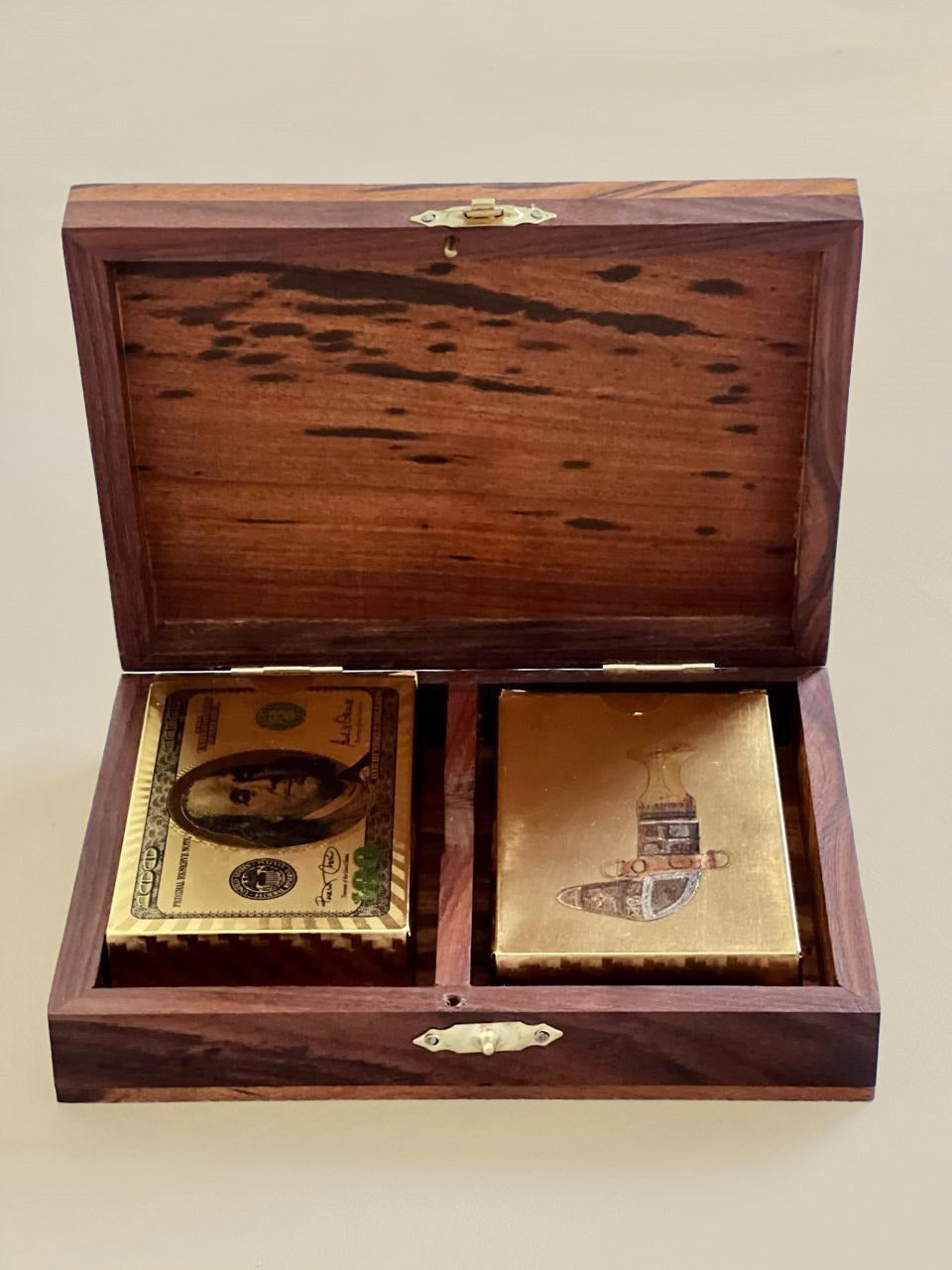 handmade solid wood brown playing card box with 2 golden card deck with lock