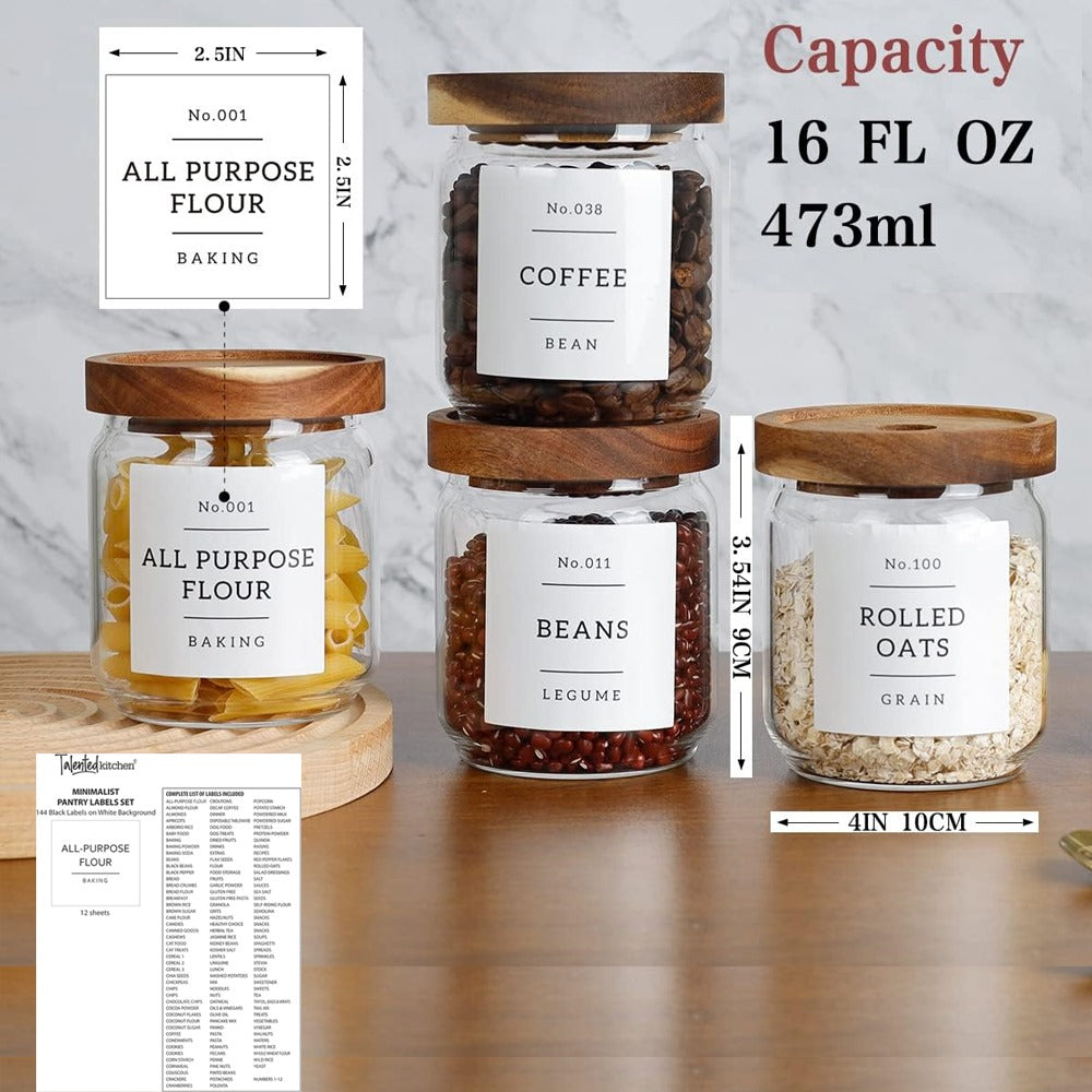 480ML Glass food storage jars with acacia wood lids with preprinted pantry labels- pack of 8 pcs