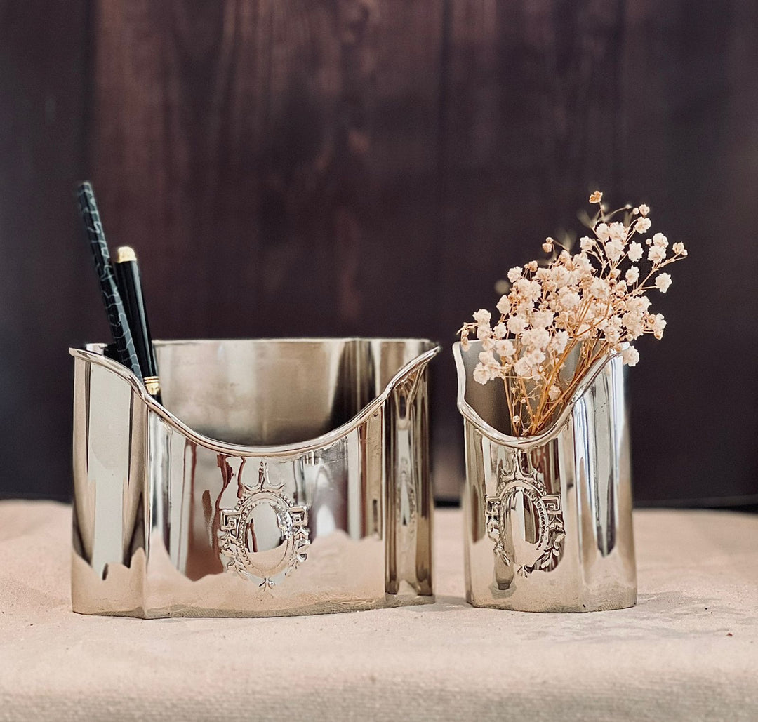 Handmade Brass Multifunctional Holders with Nickle finish- penholder/ vase/ tissue holder