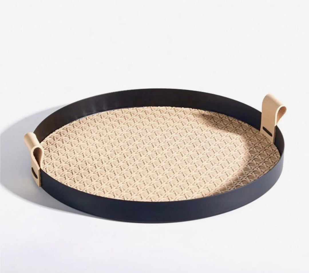 Mitri- round stainlesss steel tray with leather- beige