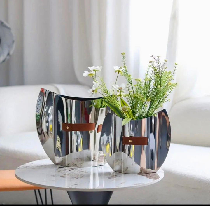 Elegant European Style stainless steel vase with leather