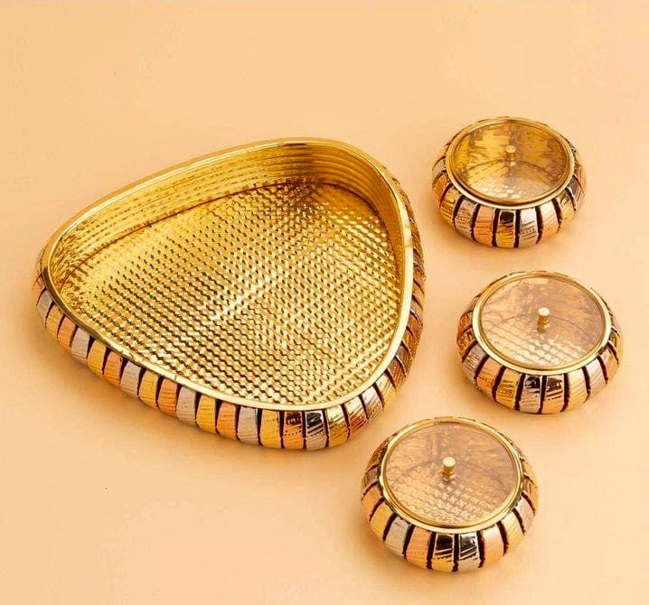 Brass Dry fruit Box with 3 bowls & tray - QUESERA OFFICIAL