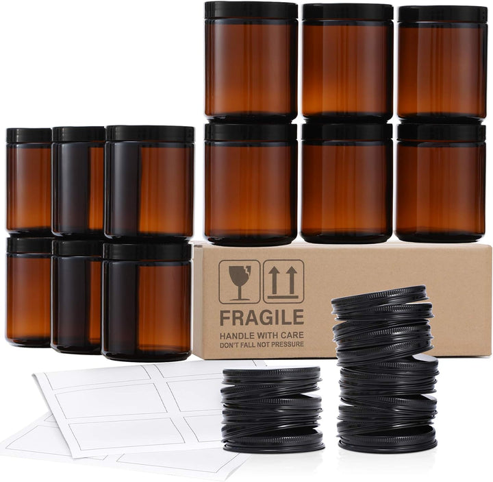 8 Oz-Thick Amber Round Glass Jars with Metal Lids & Plastic Lids