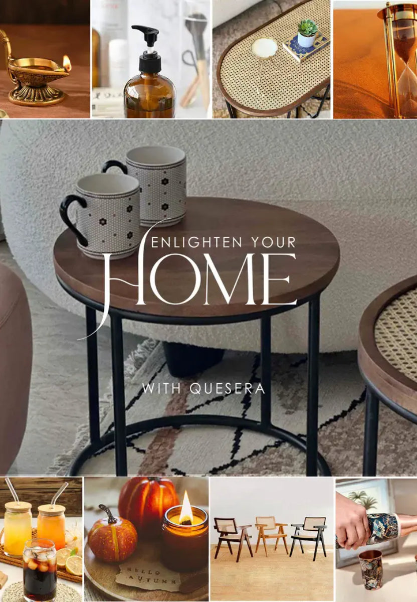Collage of home decor items with 'Enlighten Your Home with Quesera' text.