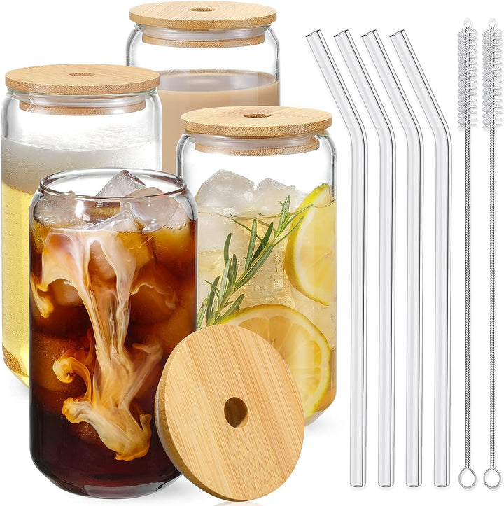 Drinking Glasses with Bamboo Lids, Glass Straw & Cleaning Brushes - QUESERA OFFICIAL