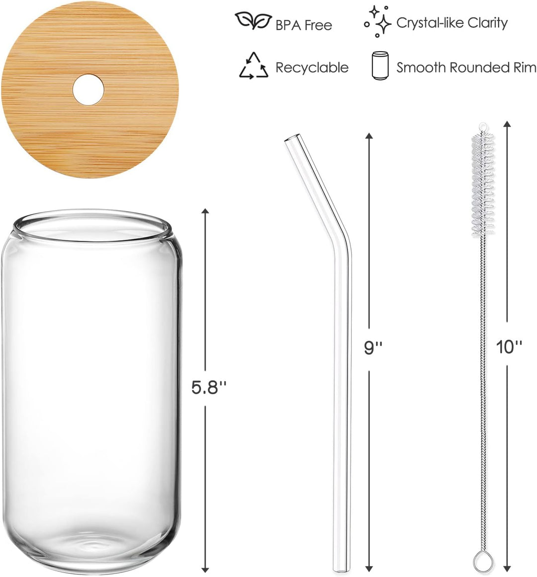 Drinking Glasses with Bamboo Lids, Glass Straw & Cleaning Brushes - QUESERA OFFICIAL