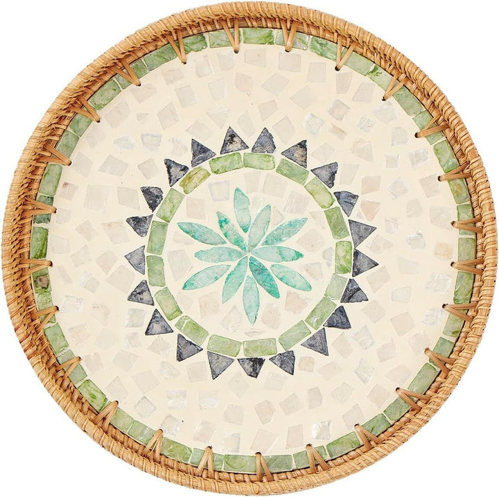 Woven Round Rattan Tray With Mother Of Pearl Inlay