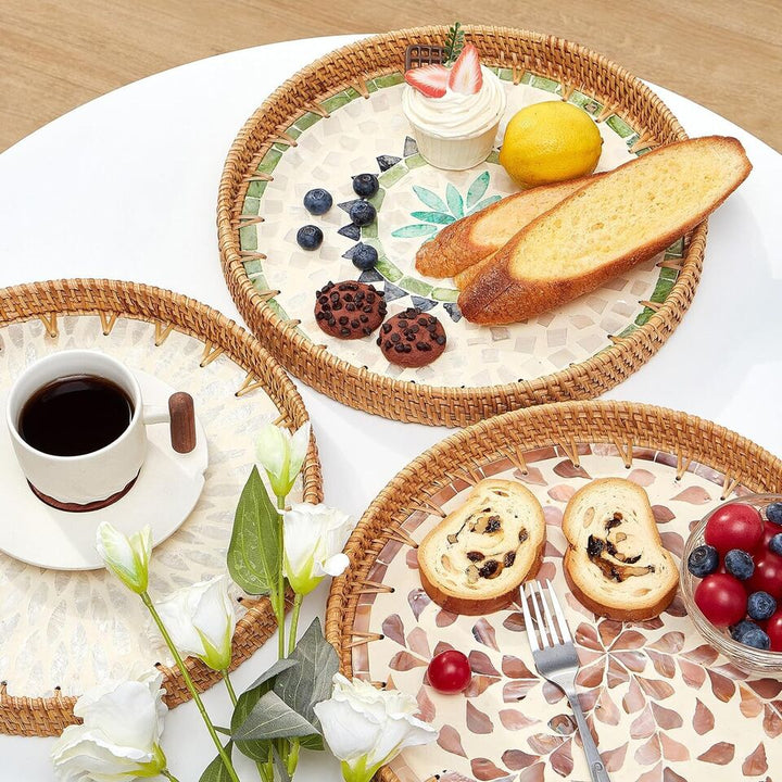 Woven Round Rattan Tray With Mother Of Pearl Inlay